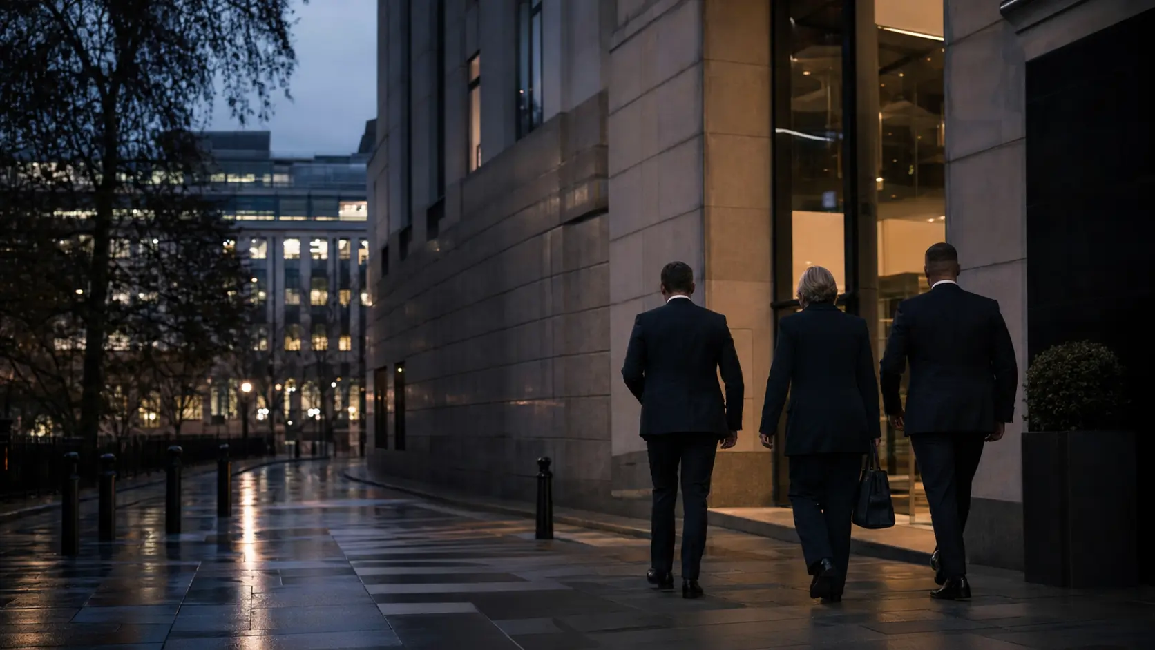 Discreet protection professionals arriving at an official London building